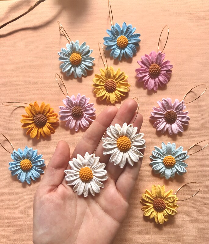 Flower Hoop Earrings, Daisy Sunflower Hoops, clay earrings, colorful flower jewelry, statement earrings, unique earrings, everyday earrings